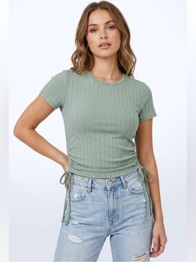 AntiStar Sage Green Ribbed Short Sleeve Top